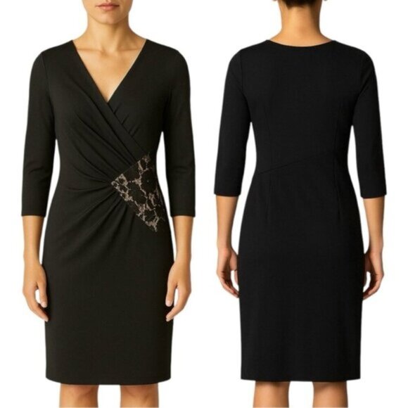 Joseph Ribkoff Faux Wrap Dress Black Size 8 Elegant Lace Cut Out - Picture 1 of 10